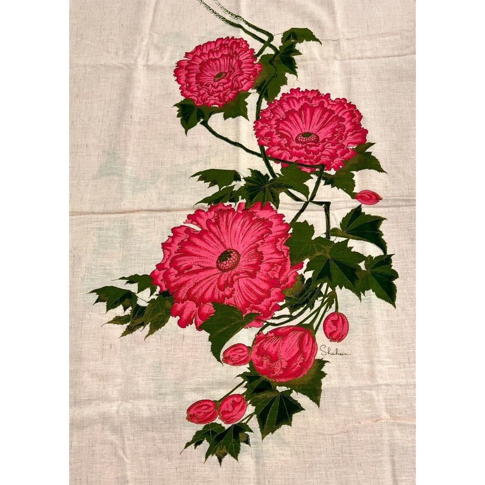 Vintage Alfred Shaheen 2 Panels Linen Fabric Pink Floral Hand Printed  52" x 44" - Picture 2 of 4